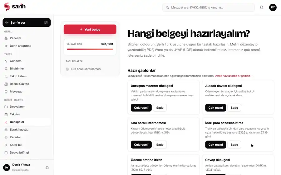 Dilekçe ve belge hazırlama kullanım kaydı: Birkaç bilgiyle dilekçe taslağı