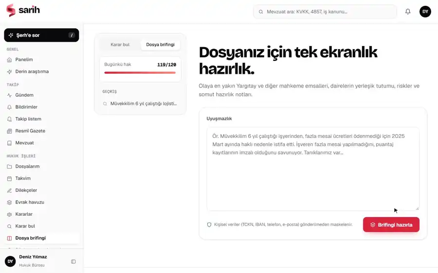 Dosya brifingi kullanım kaydı: Duruşma öncesi tek ekranlık hazırlık