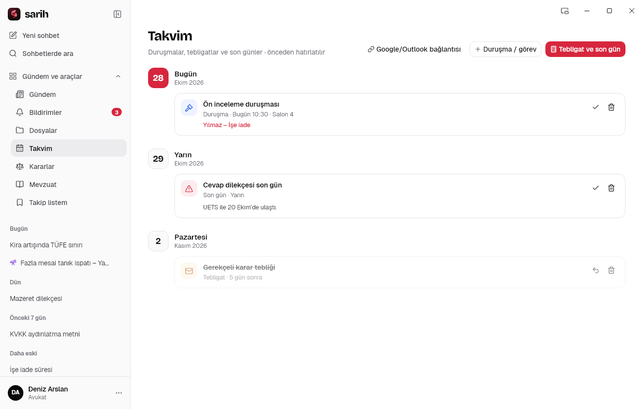 Duruşma ve süre takvimi ekranı